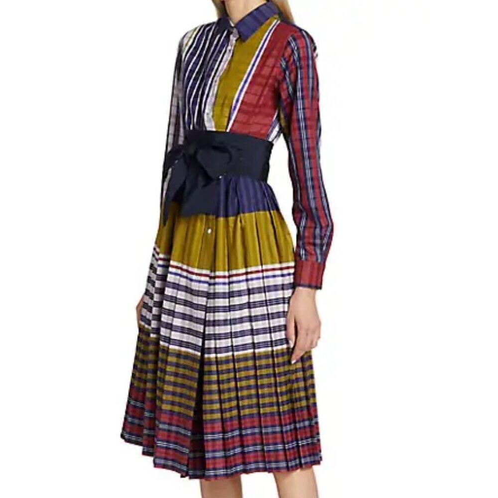 NEW$1245 Sara Roka Helia Pleated Tartan Wool Blend Midi Shirt Dress 46 (10) M-L